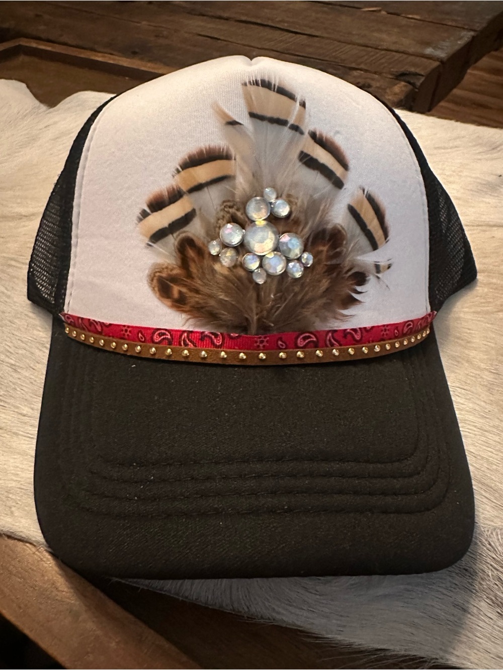 Embellished Feather & Crystal Trucker Hat - Black & White